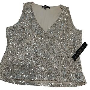 Almost Famous Cream Sparkle Sequin V-Neck Sleeveless Top | NWT | Size L
